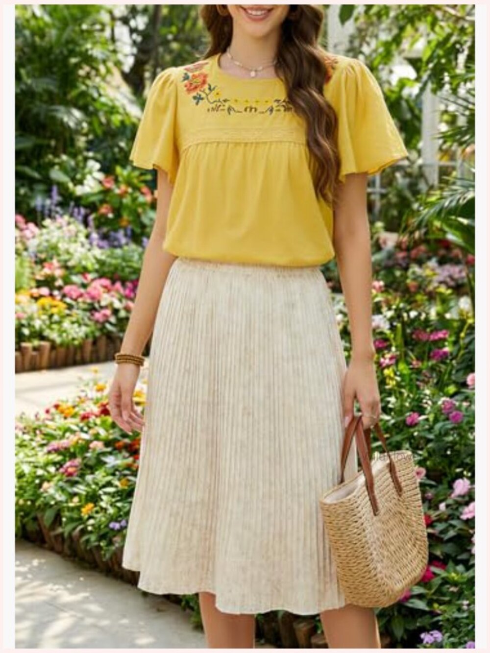 Boho Floral Embroidered Tunic Top Short Sleeve Crewneck Blouse Casual Summer - Picture 2 of 7